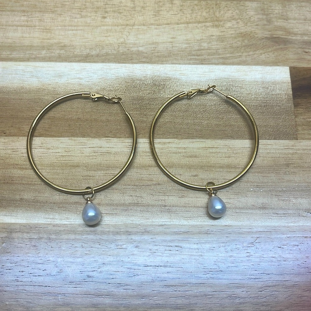 gold hoops with pearl drop charm